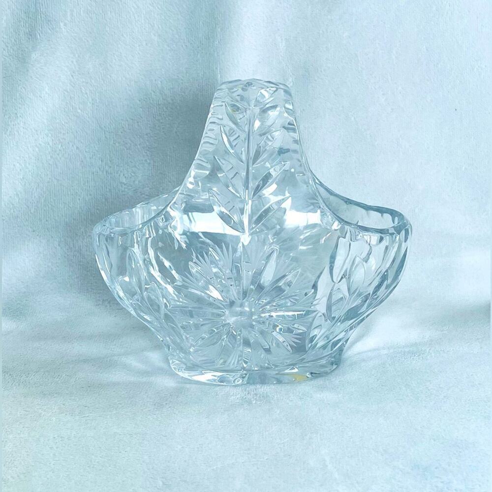 Vtg Bohemian Cut Crystal Basket Bowl Serving Dish Candy Vase Trinket